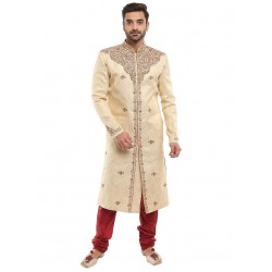 Long Royal Gold & Red Self Brocade Sherwani 