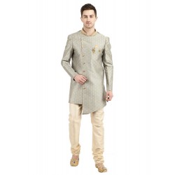 Elegant Mint & Off-White Brocade Self Print Sherwani 