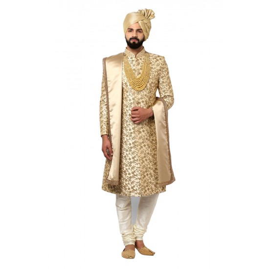 Heavy Embroidery Beige Sherwani 