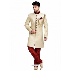 Traditional Maroon Opulent Beige Sherwani 