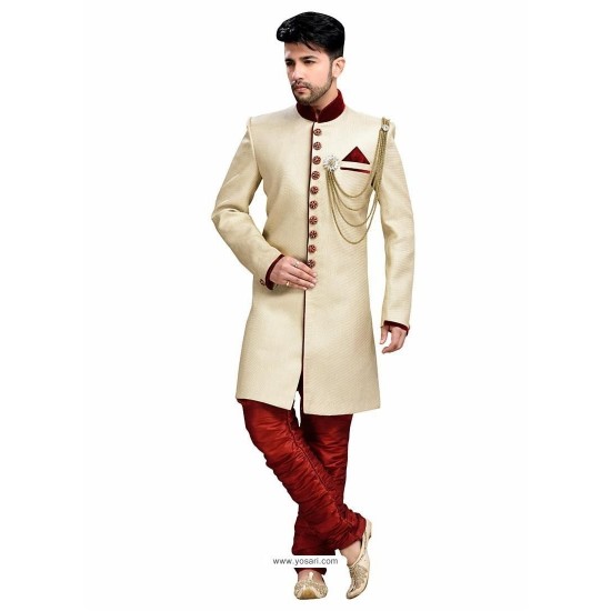Traditional Maroon Opulent Beige Sherwani 