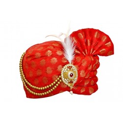 Men’s Red Brocade Feathered Wedding Turban 