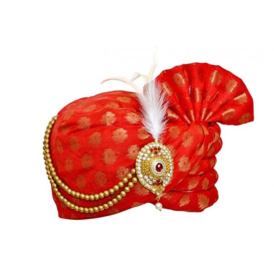 Men’s Red Brocade Feathered Wedding Turban 