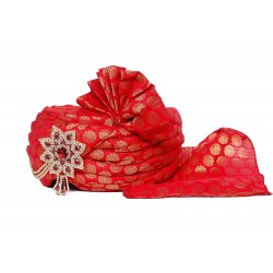 Men’s Red Brocade Broached Wedding Turban 