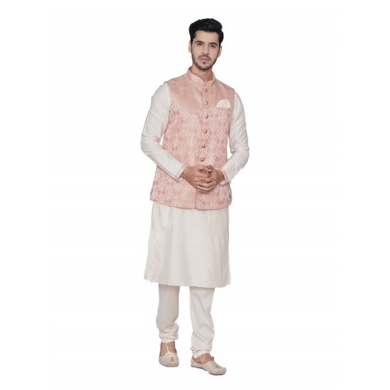 Off-White Kurta and Pink Jacket Set 