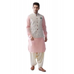 White Embroidered Nehru Jacket Kurta Set 