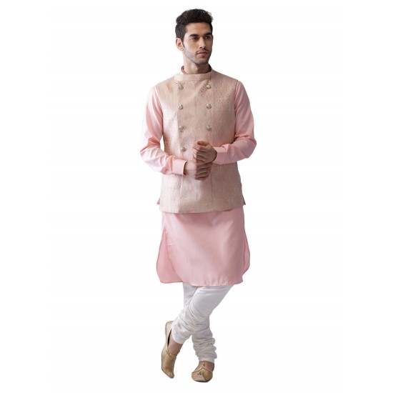 Self-Textured Pink Nehru Jacket Kurta Set 