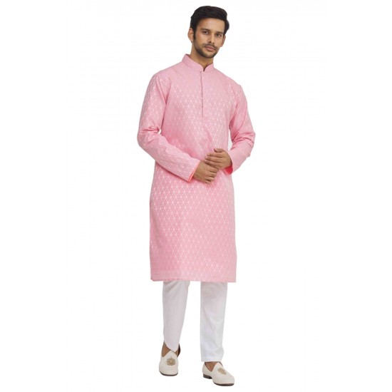 Simple Self-Textured Pink and White Kurta Pant Set